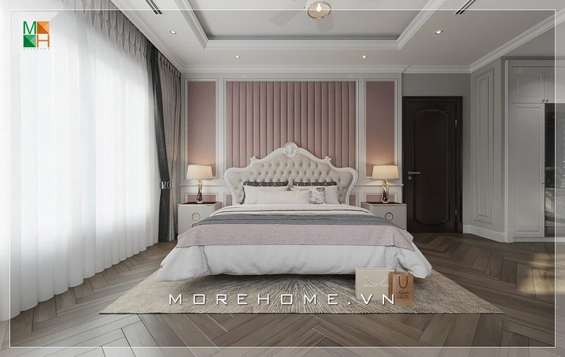 Thiết kế giường ngủ Master tại chung cư cao cấp phong cách tân cổ điển, từng đường nét chạm khắc nhẹ nhàng tạo ấn tượng cho cả không gian nghỉ ngơi của gia chủ